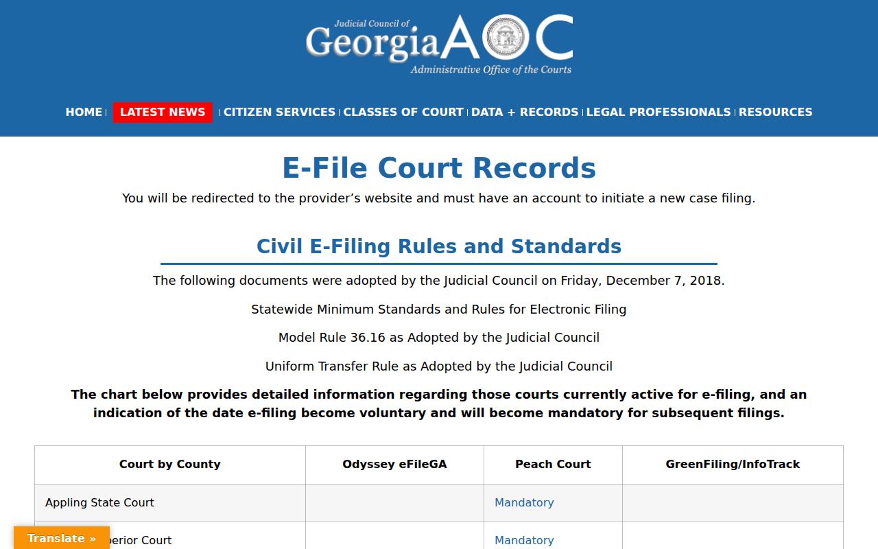 Georgia e-filing directory for Wilcox County civil dockets
