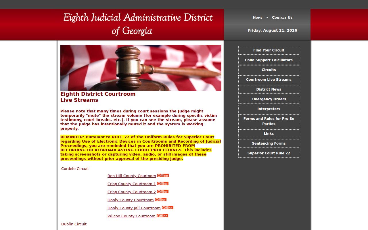 Wilcox County court calendar livestream access page