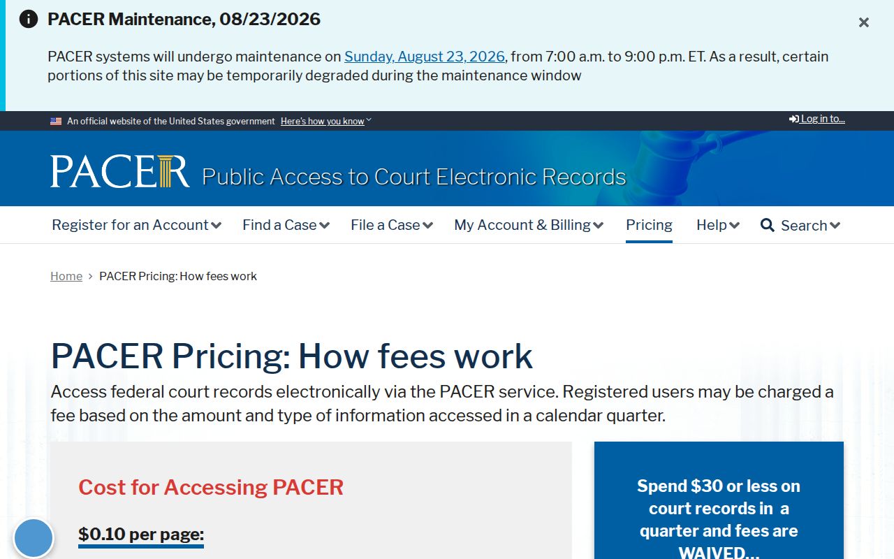Wilcox County court records PACER pricing information