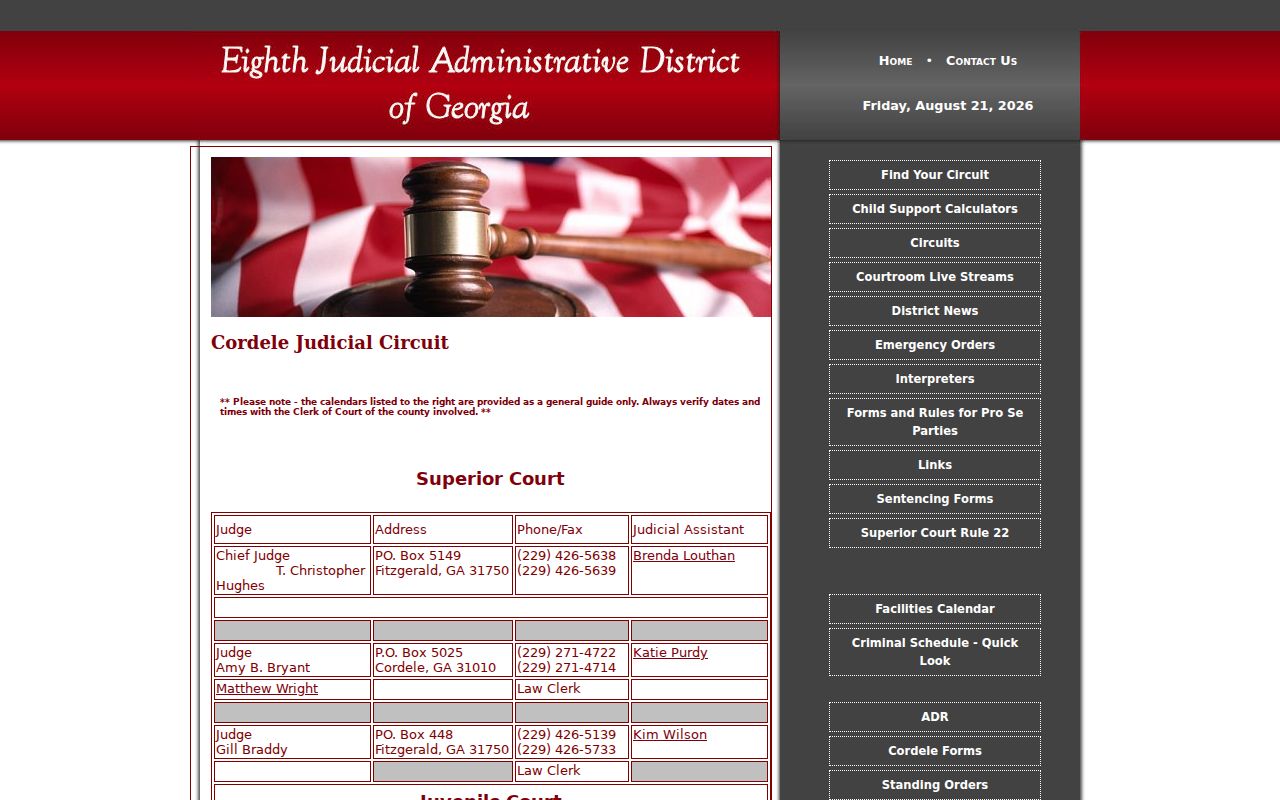 Cordele Judicial Circuit calendar context for Wilcox County court dockets